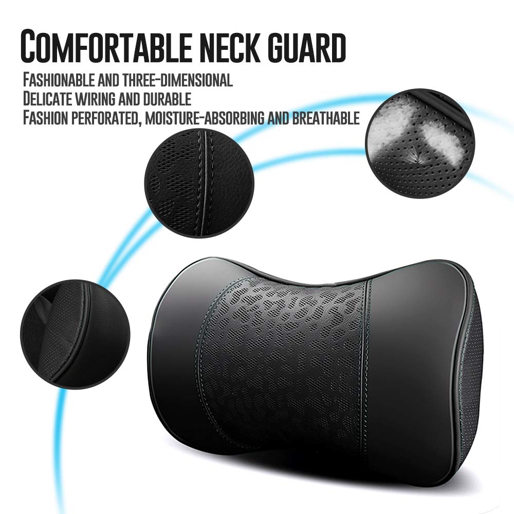 Carodi Cojín cervical de cuero para coche, cojín cervical, soporte cervical de espuma viscoelástica 100 %, cómodos asientos de coche de viaje y cojines suaves para la oficina en casa, negro, un juego