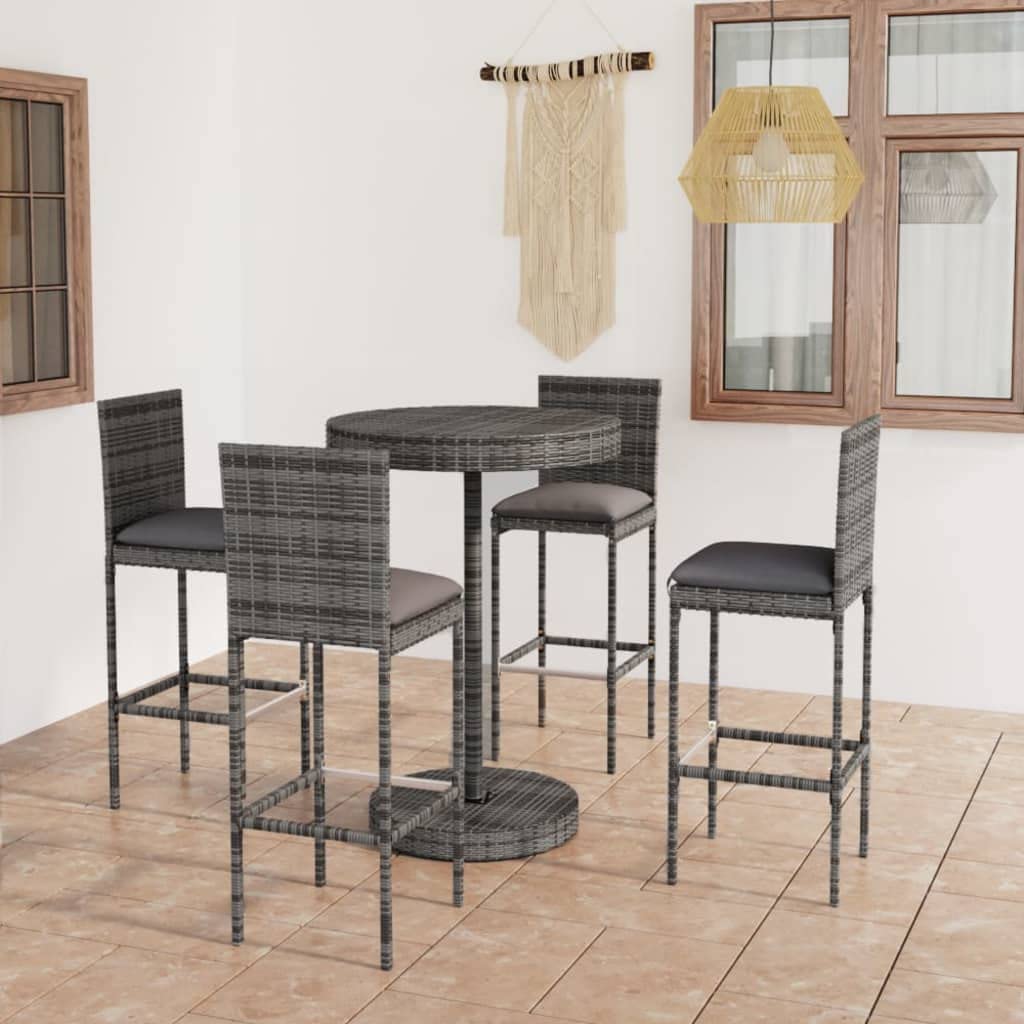 vidaXL Ensemble de Bar de Jardin 5 pcs avec Coussins Mobilier de Bistrot Ensemble de Salle à Manger d'Extérieur Salon de Jardin Résine Tressée Gris