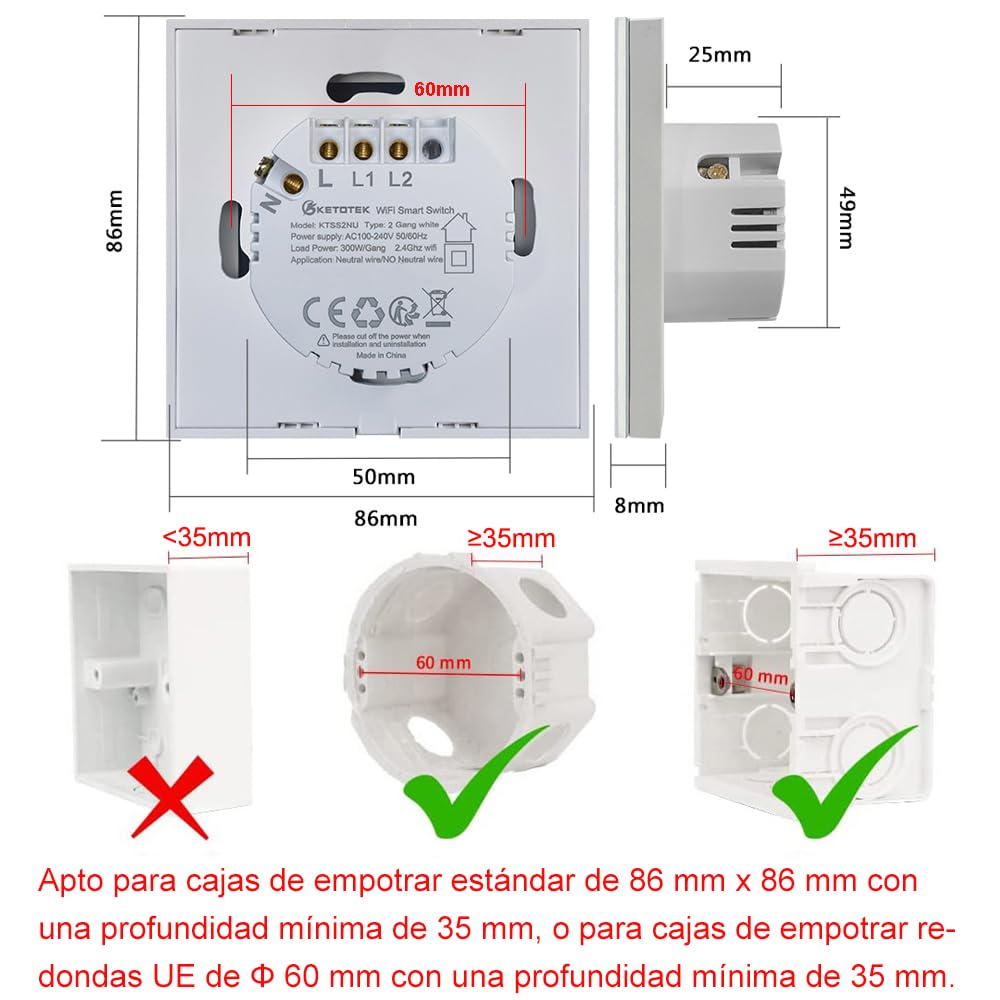 KETOTEK Interruptor Tactil WIFI Inteligente 2 Gang 1 Via Compatible con Alexa, Interruptor Luz Pared Smart Life Tuya App Control Blanco
