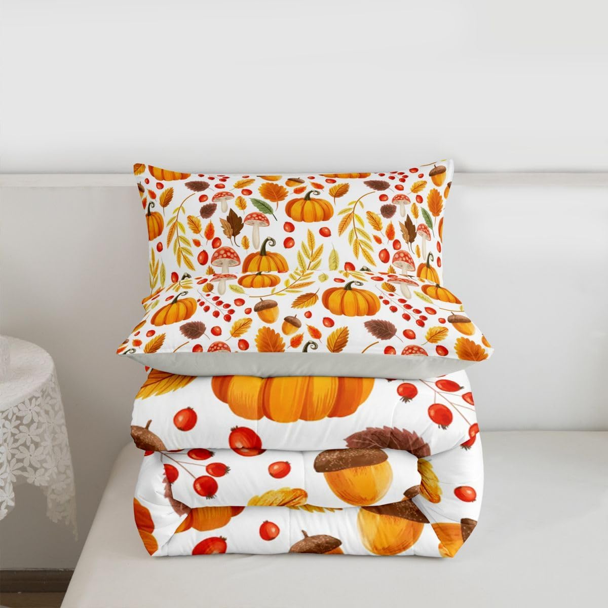 Erosebridal Fall Decor Bedding Farm Maple Leaf Pumpkin Comforter Set King Size Fall Season Bedding Comforter Sets Autumn Harvest Themed Duvet Insert Thanksgiving Day Gifts Quilt