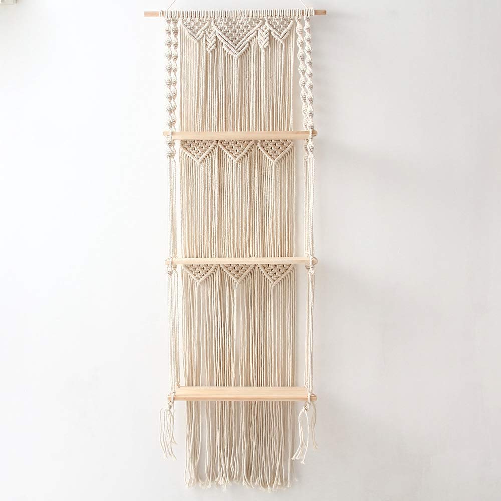 Jevina Boho Makramee Wandbehang Regal 3 Tier Handgefertigte Gewebte Quaste Organizer Regale Wand Schwimmende KleiderbüGel für Wohnkultur