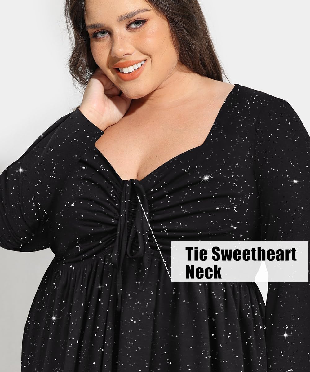 CARCOS Plus Size Dresses for Curvy Women Tie Sweetheart Neck Fall Maxi Dress Long Sleeve Empire Waist Floral Boho Dress - Image 4