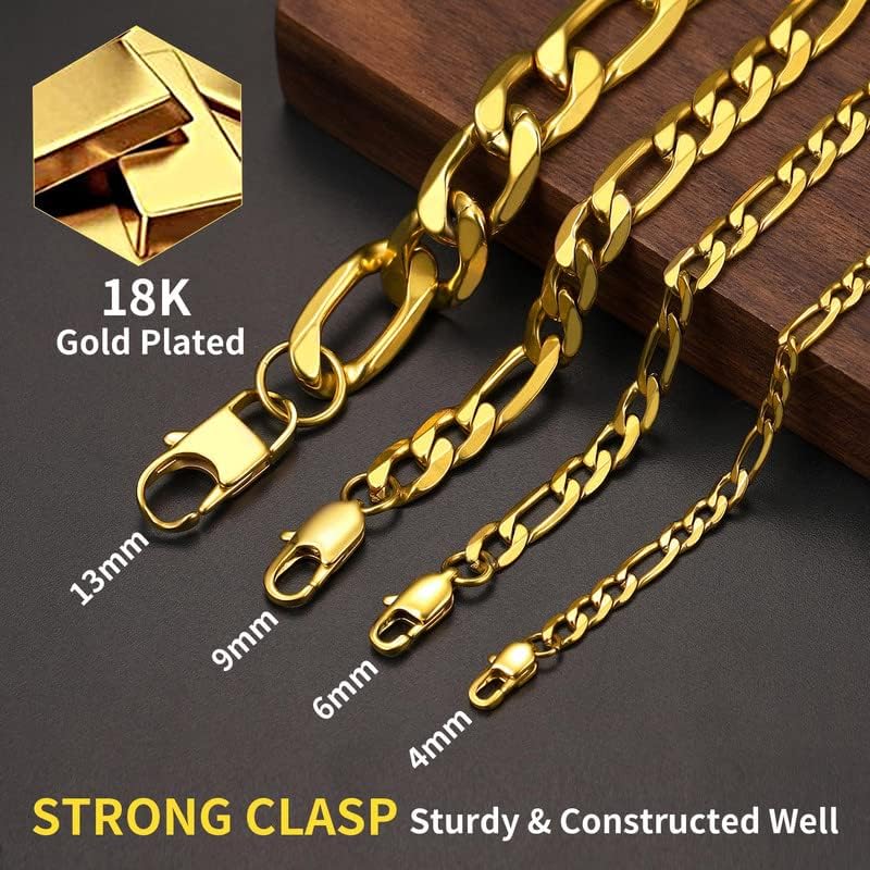 Miniatura 5 de ChainsHouse Stainless Steel Figaro Chains for Men, 46913mm Width, 14-30inch Length, Black18K Gold Chain Necklaces for Men Women, with Gift Box