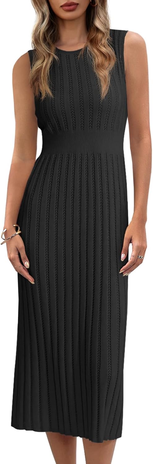 Danedvi Women's Knit Midi Tank Dress Sleeveless Ribbed Crew Neck Fall Bodycon Casual Basic Going Out Dresses