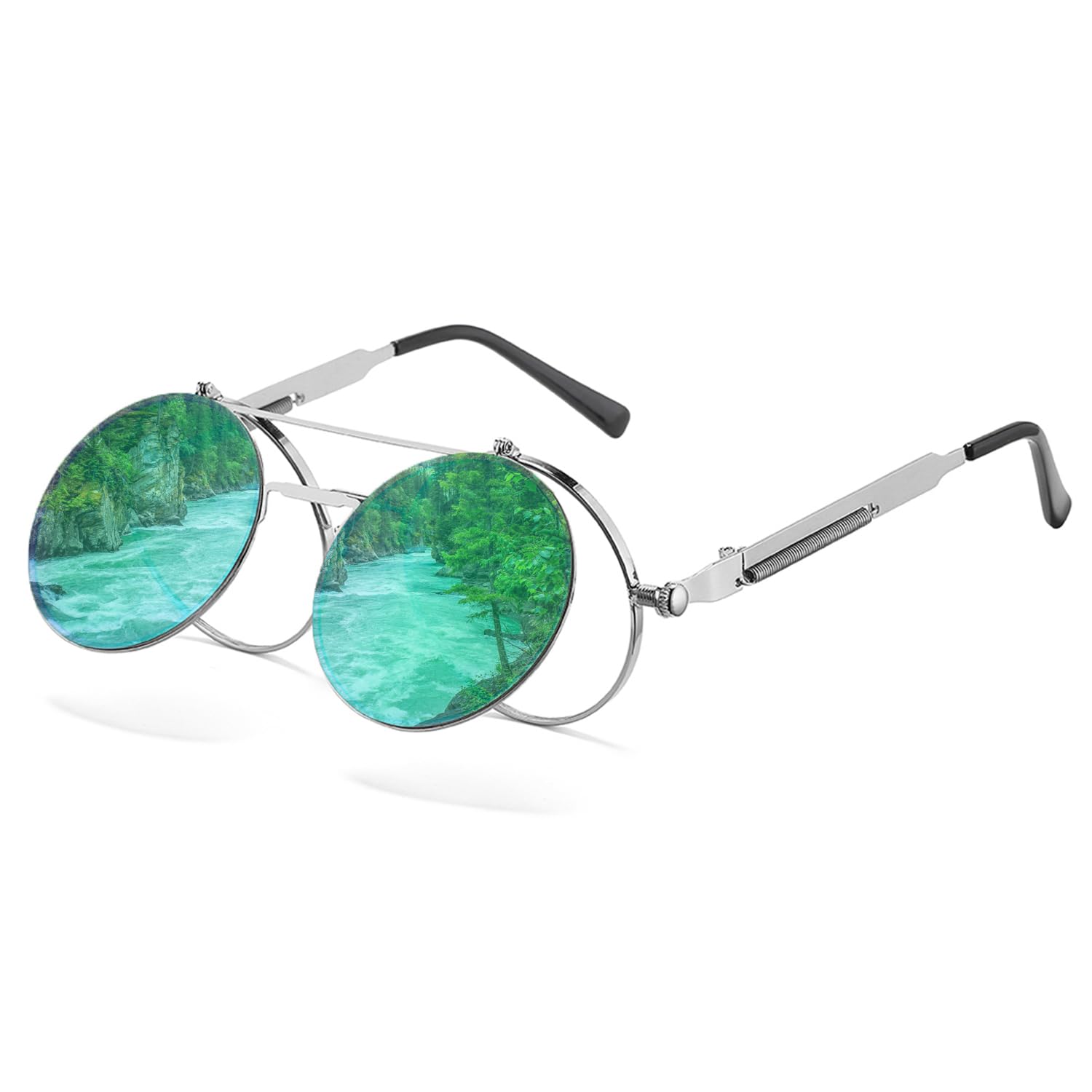 HJSTESRound Flip Up Sunglasses for Men Women Circle Rave Glasses 90's  Vintage Steampunk Style