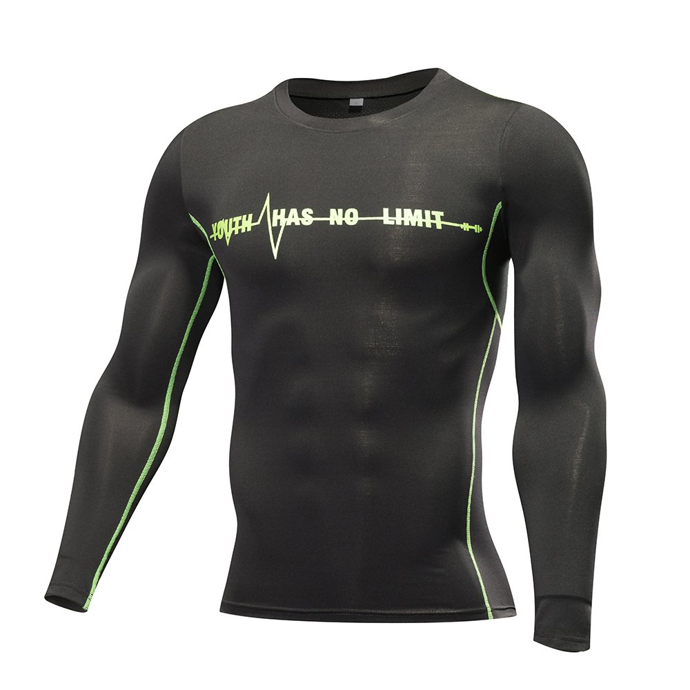 Men's Running Fitness Basketball Tight Long Sleeve Compression Shirts (L, Green Alphabet)-image-12