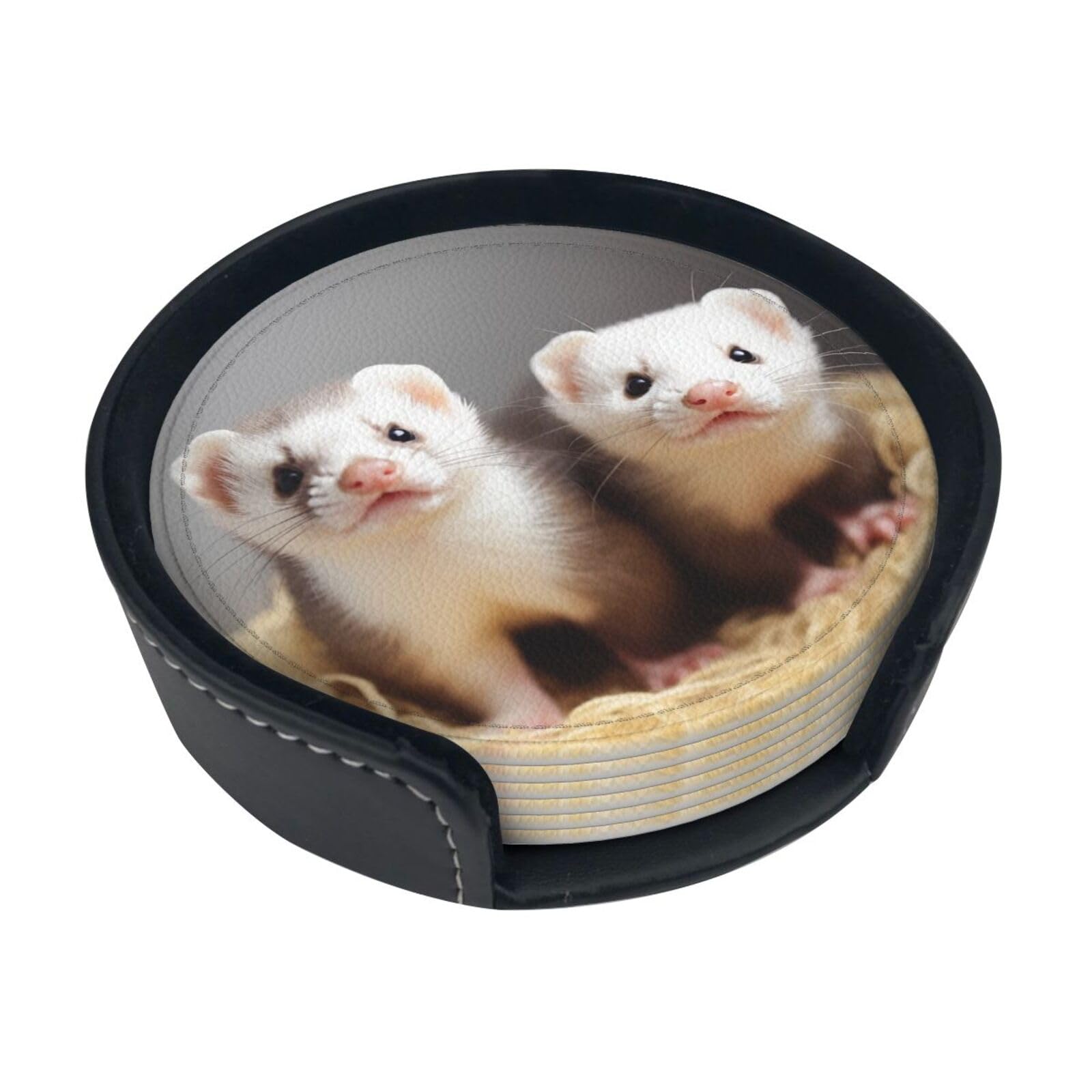 Fodpand White Ferrets Drink Coasters Set Of 6 Leather Coasters With Holder Bar Beer Beverage Coaster For Drinks, Absorbent Cup Mat For Tabletop Protection, Housewarming Gift