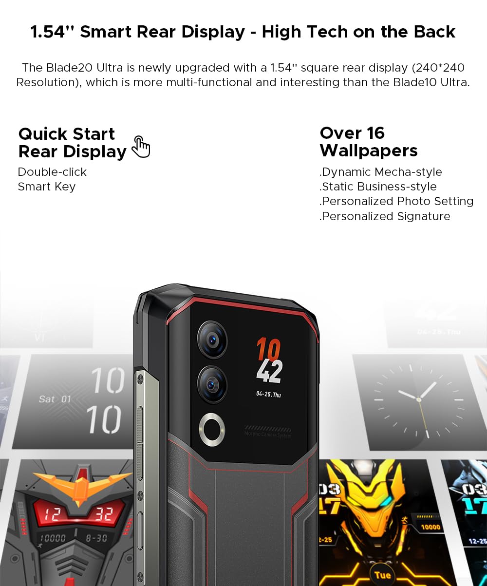 Smartphone Incassable Blade 20 Ultra, 32Go+512Go, Écran Secondaire 1,54", Batterie 10300mAh, 15,8mm Fin, Écran 6,6" 90Hz, Caméra IA 50MP, Android 14, Téléphone Renforcé, GPS NFC, Noir