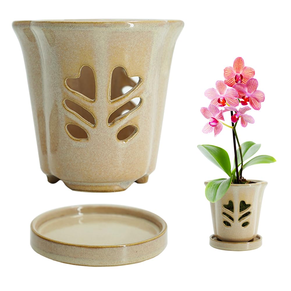 pavtner 4 Inch Ice Cracked Glaze Ceramic Orchid Pot Retro Pink