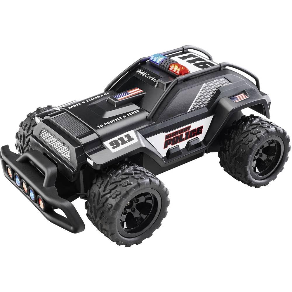Revell Control 24455 RC Car Highway Police, telecomando GHz, LED luce blu, batteria di guida, pneumatici grandi, auto telecomandata, 28 cm, nero