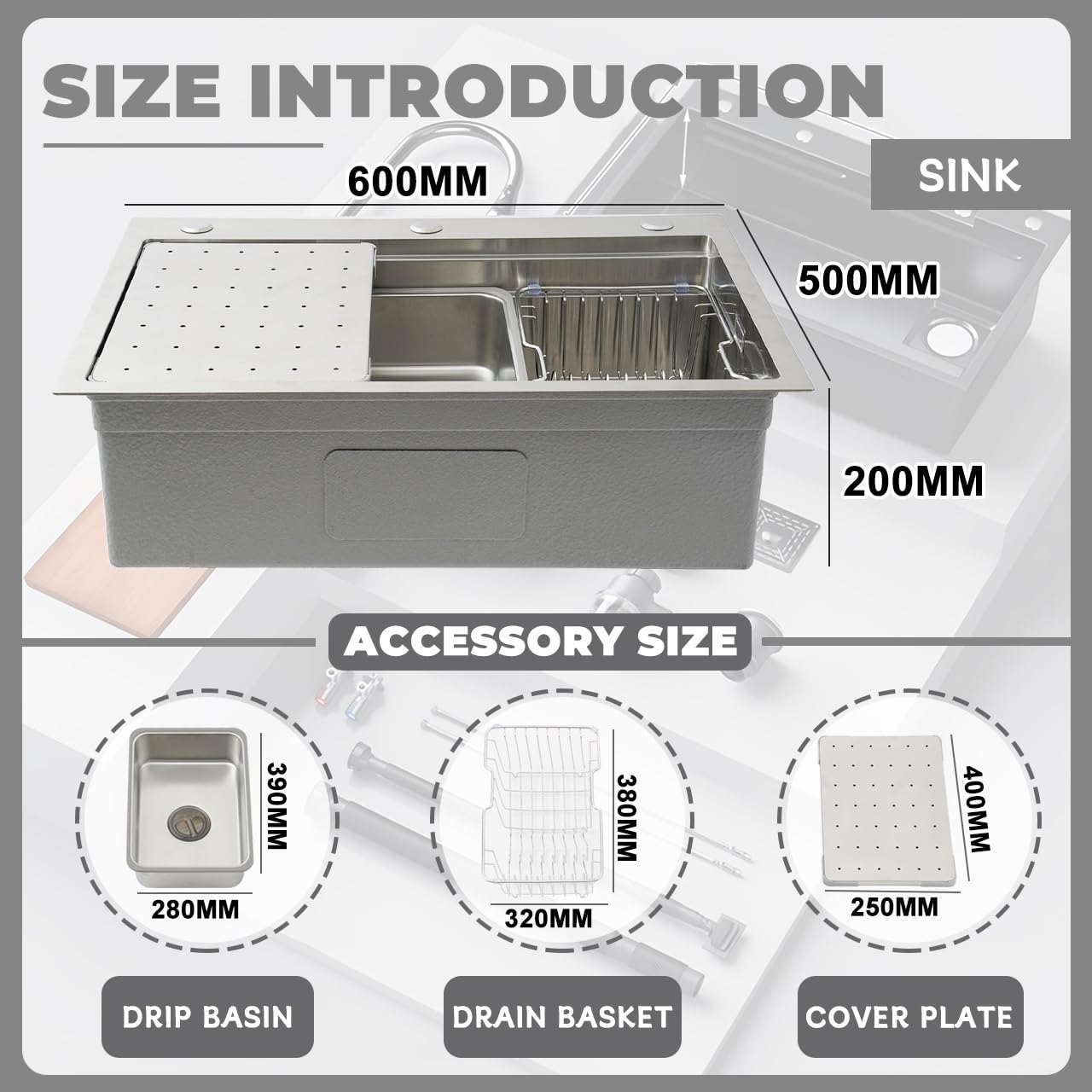 Lavello in Acciaio Inox Largo 50 cm, Quadrato, con Dispenser di Sapone e sifone, lavello da Incasso con Foro per Rubinetto, 1 Vasca, lavello da Incasso sul Piano di Lavoro con sifone e scari