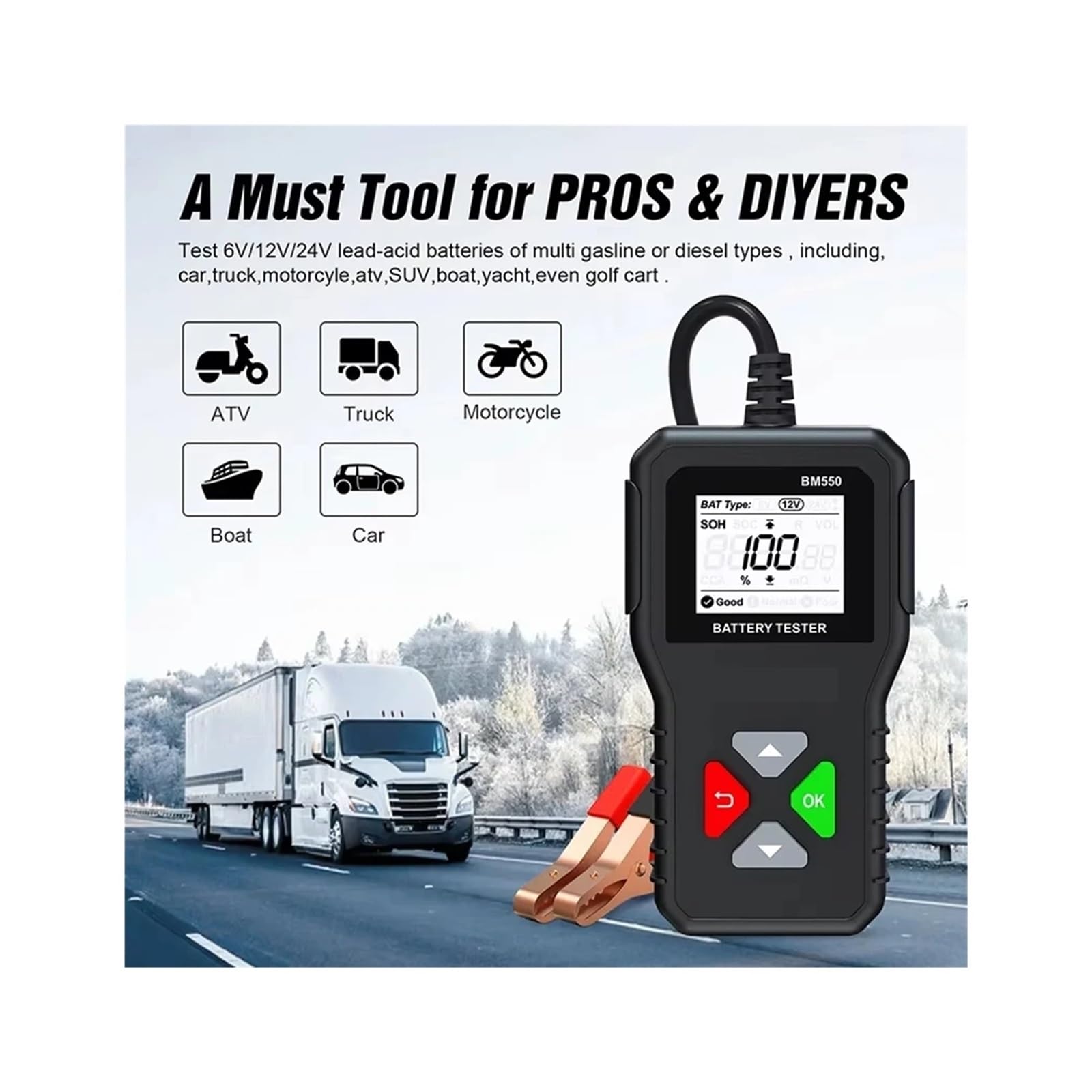 Testeur de batterie, Testeur de batterie voiture BM550 100-2000 CCA 6 V 12 24, analyseur, outil diagnostic détect automatique