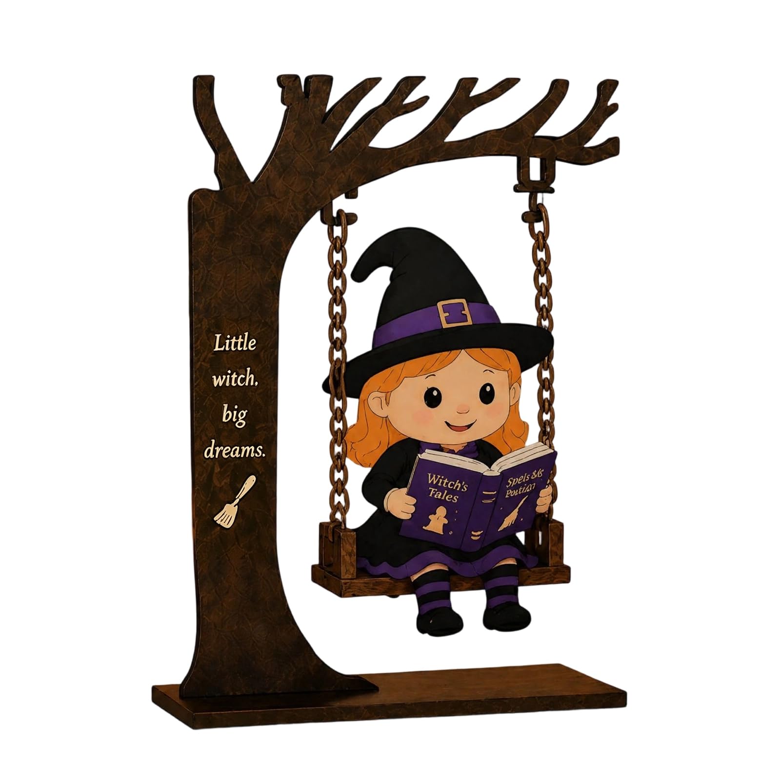 ZhzeYun Funny Halloween Swing Ornament, Witch/Skeleton/Mummy/Pumpkin Ghost Sitting on Swing Reading Book Figurine for Desktop Bookshelf Decor Acrylic Gift E