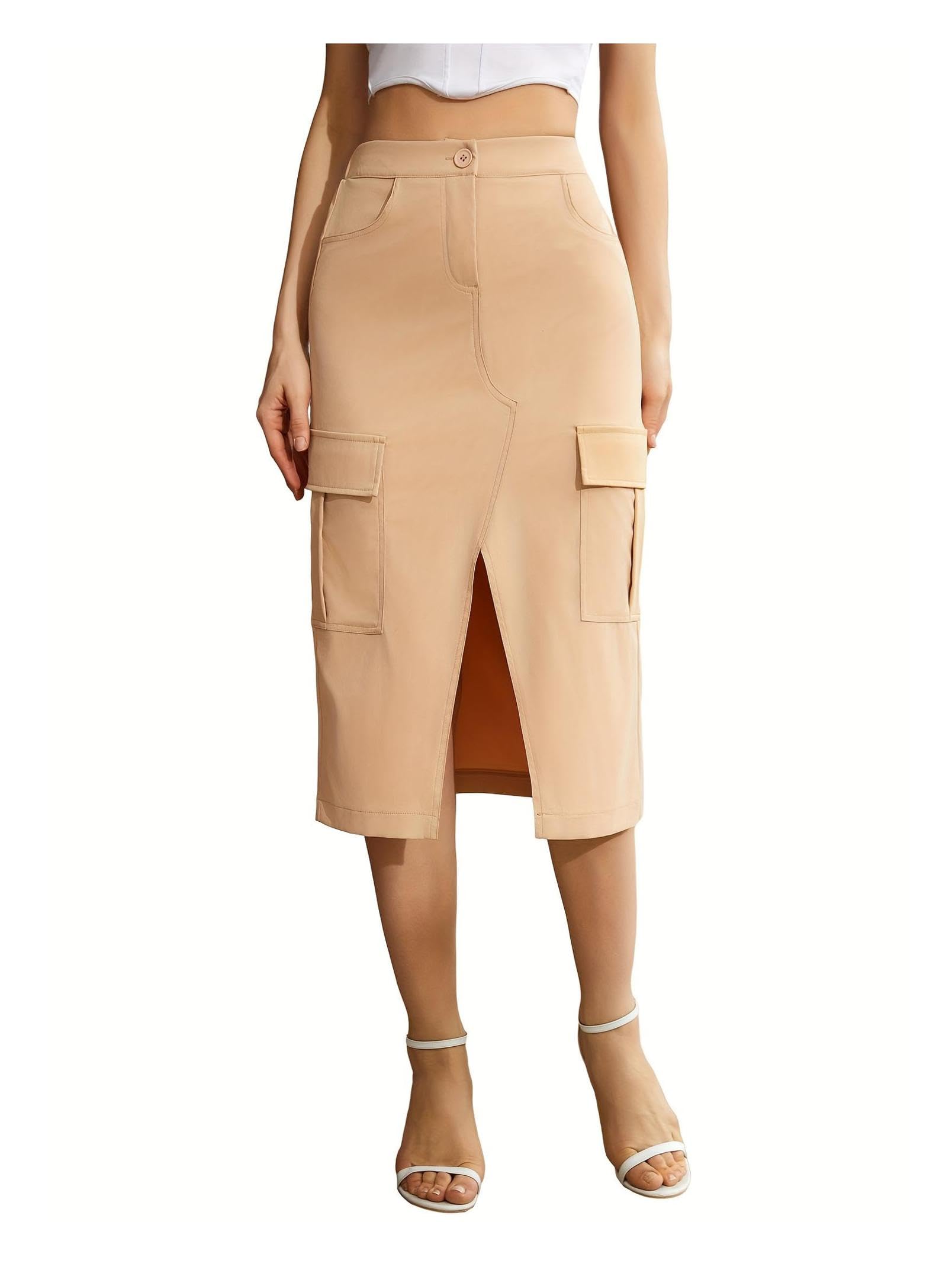 Women's Vintage Cargo Skirt with Front Slit and Pockets - Apricot, Large