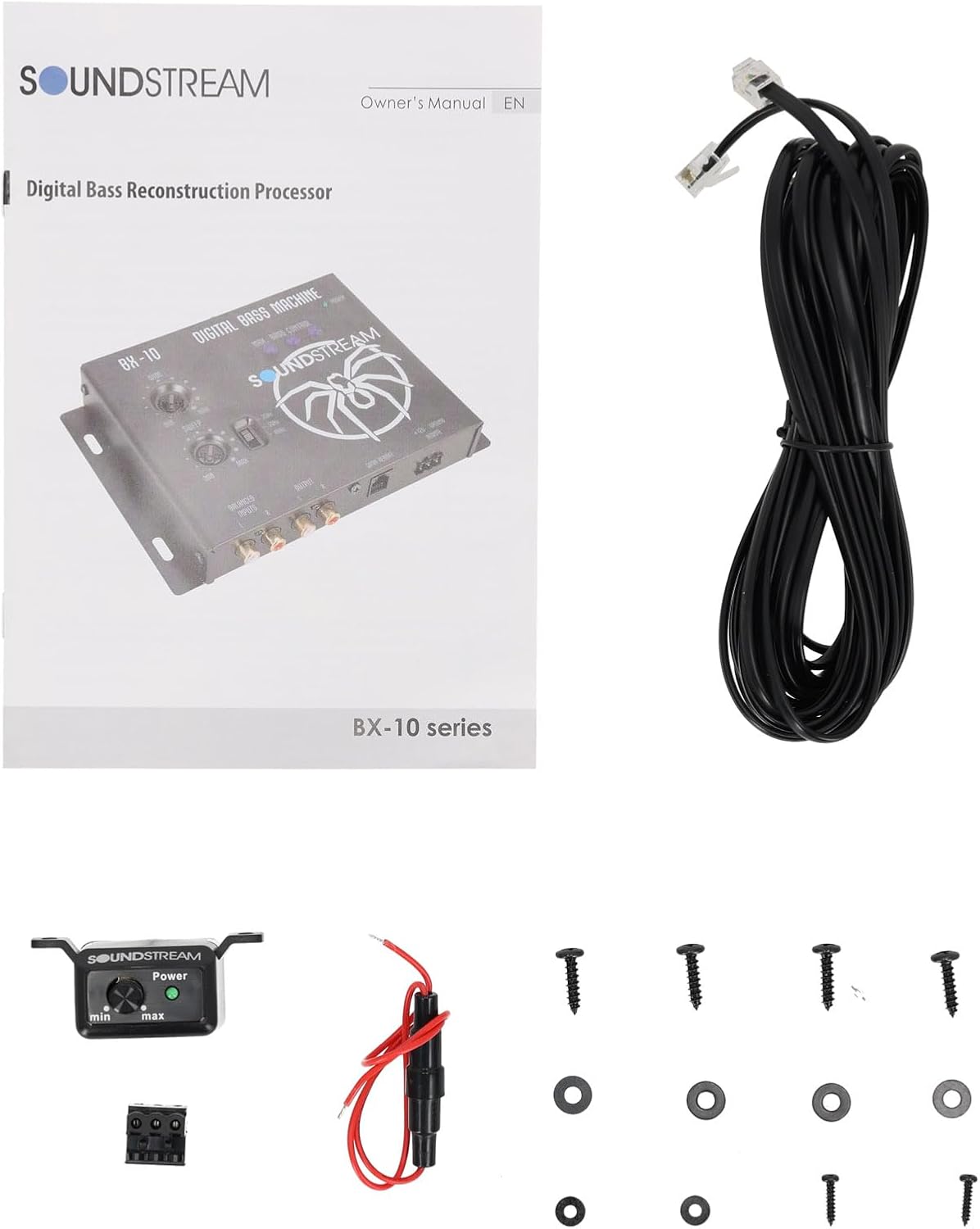 SOUNDSTREAM BX-10D Bundle: Digital Bass Reconstruction Sound Processor with Dash Mount Remote Control, (2) RTR172 17 ft 2-Channel Twisted Pair RCA Cables, 3-Items