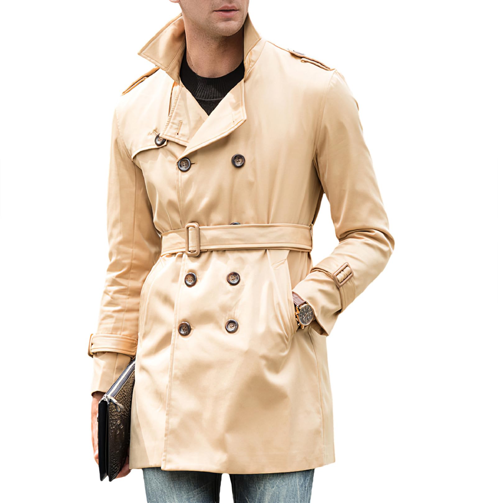 amropi Herren Trenchcoat Zweireihiger Revers Winddicht Mantel Windjacke mit Gürtel
