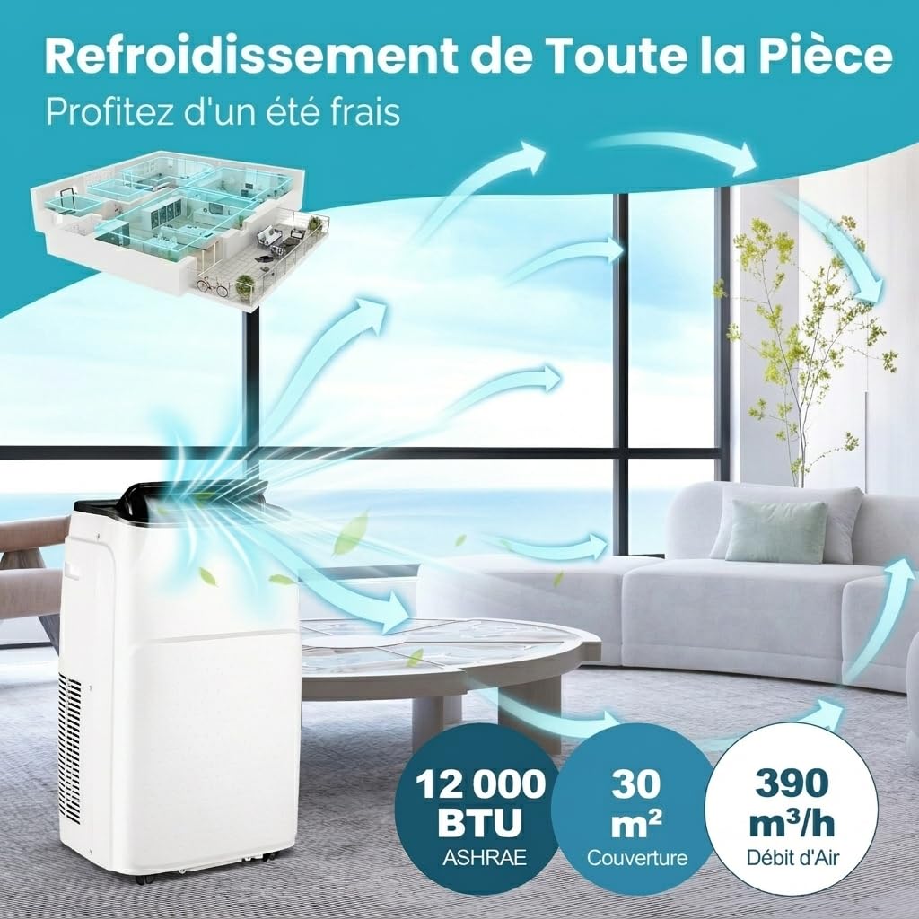GOPLUS Climatiseur Mobile 12000BTU 3,5kW 5 en 1 Fonction de Refroidissement, Chauffage, Déshumidification, Ventilation, Mode Nuit, Minuterie 24H, Contrôle Wifi/Télécommande/Écran, 30m², R290