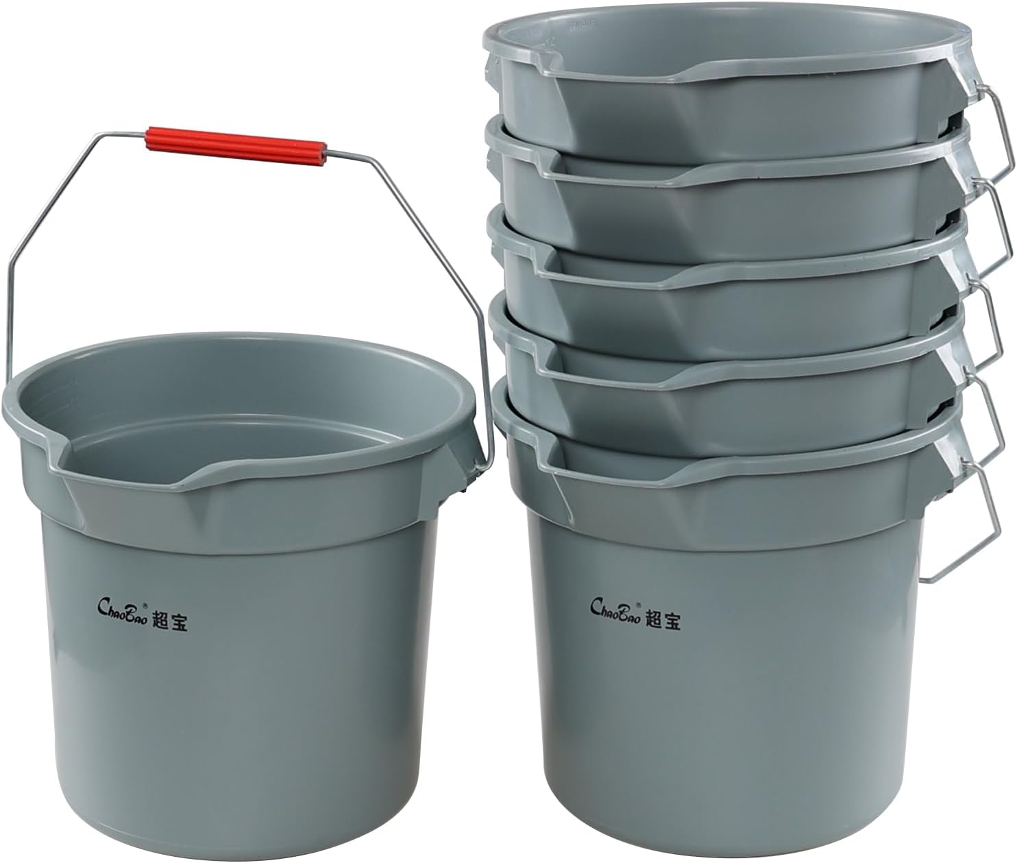 6-Pack 14 Quart Plastic Cleaning Round Bucket with Handle, Commercial Cleaning Pail, Gray