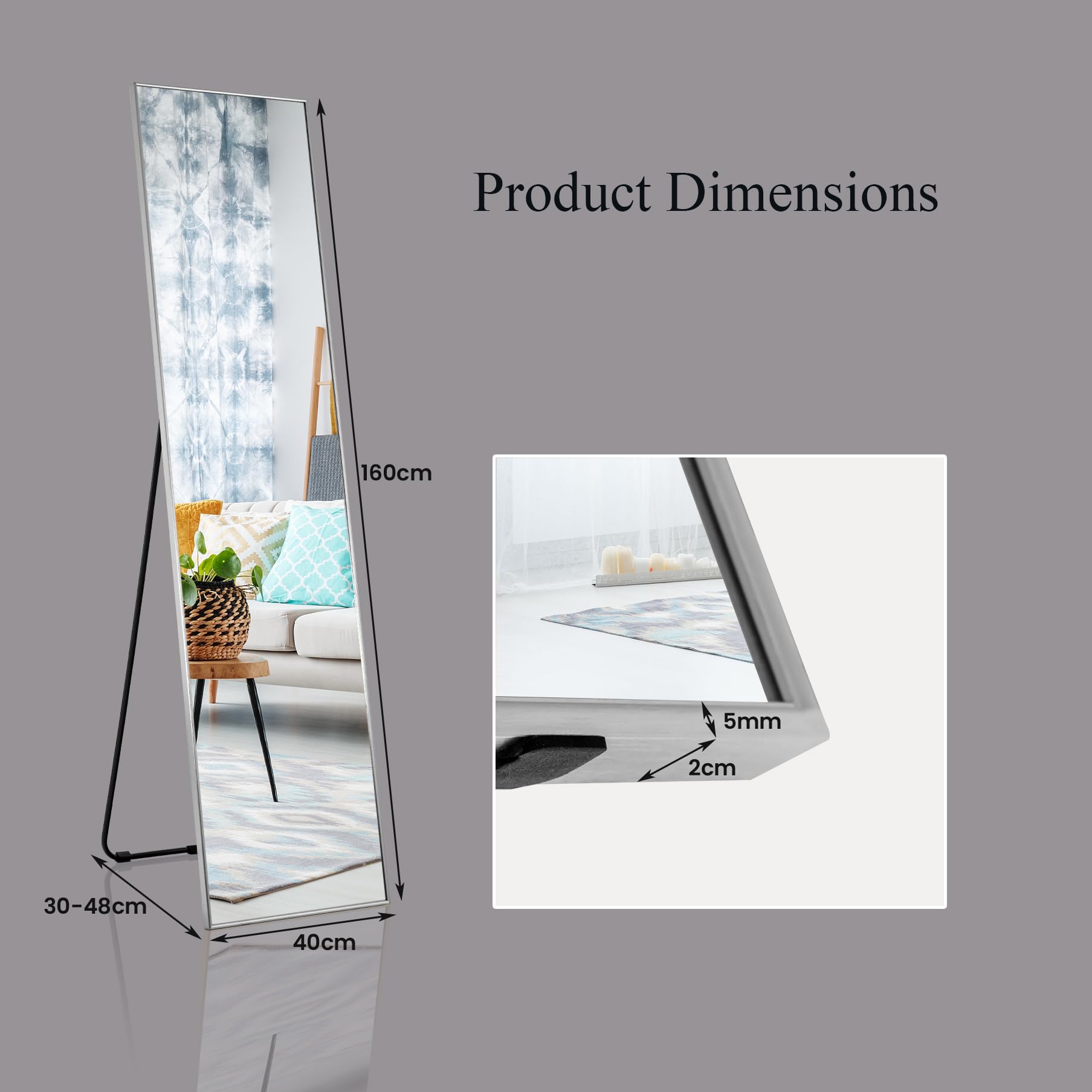 HOMASIS Specchio a corpo intero, specchio rettangolare con vetro infrangibile e telaio in lega di alluminio, specchio da parete o supporto per camera da letto, soggiorno, ingresso, 160 x 40 cm,