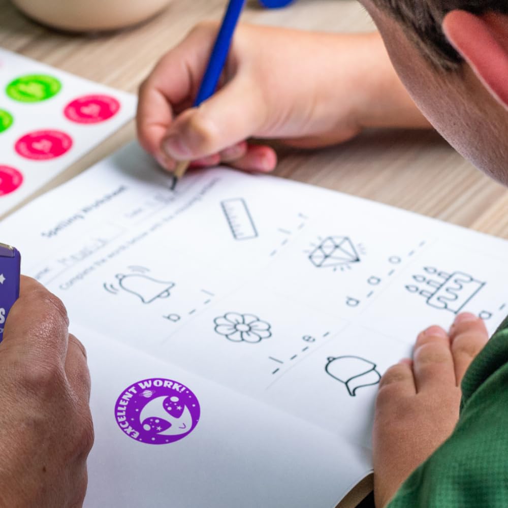 Superstickers Teacher Stamp - Excellent Work Alien Design - Violet Ink - Self Inking Education Stamper for Marking - 23 x 23mm - Image 2