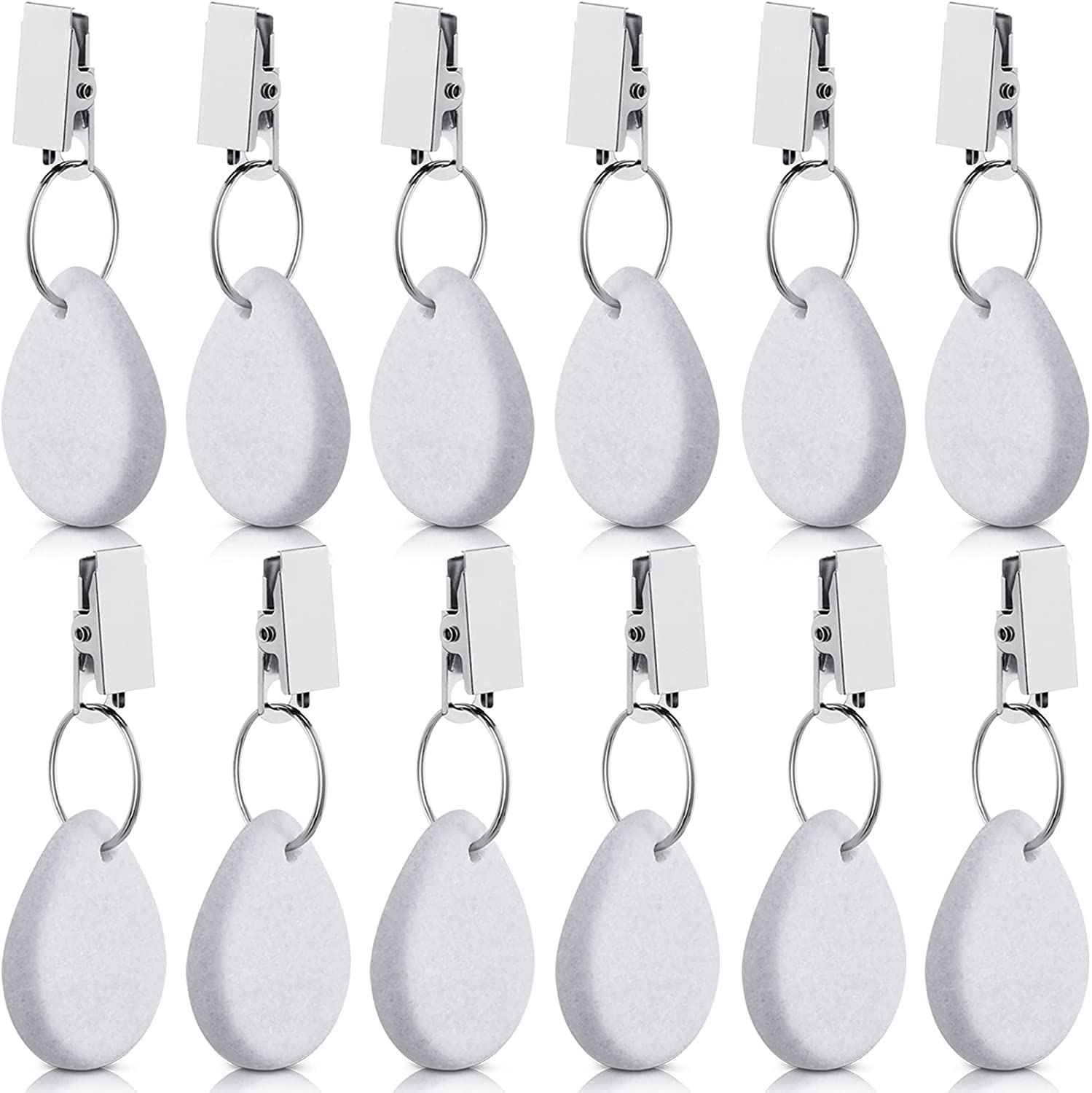 Tablecloth Weights, Tablecloth Pendant, Teardrop Shape, Table Cover Weights Stone, Table Weights Hangers, with Metal Clip, for Tablecloth Decoration Family Dinner Outdoor Picnic, 12 Pieces (White)