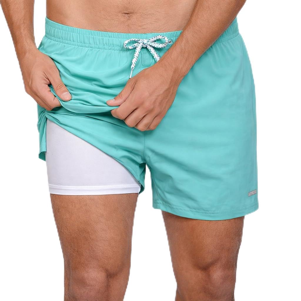 INGEAR Men's Athletic Stretch Workout Shorts Gym Quick Dry Running Trunks Boxer Lining, Seafoam, Large