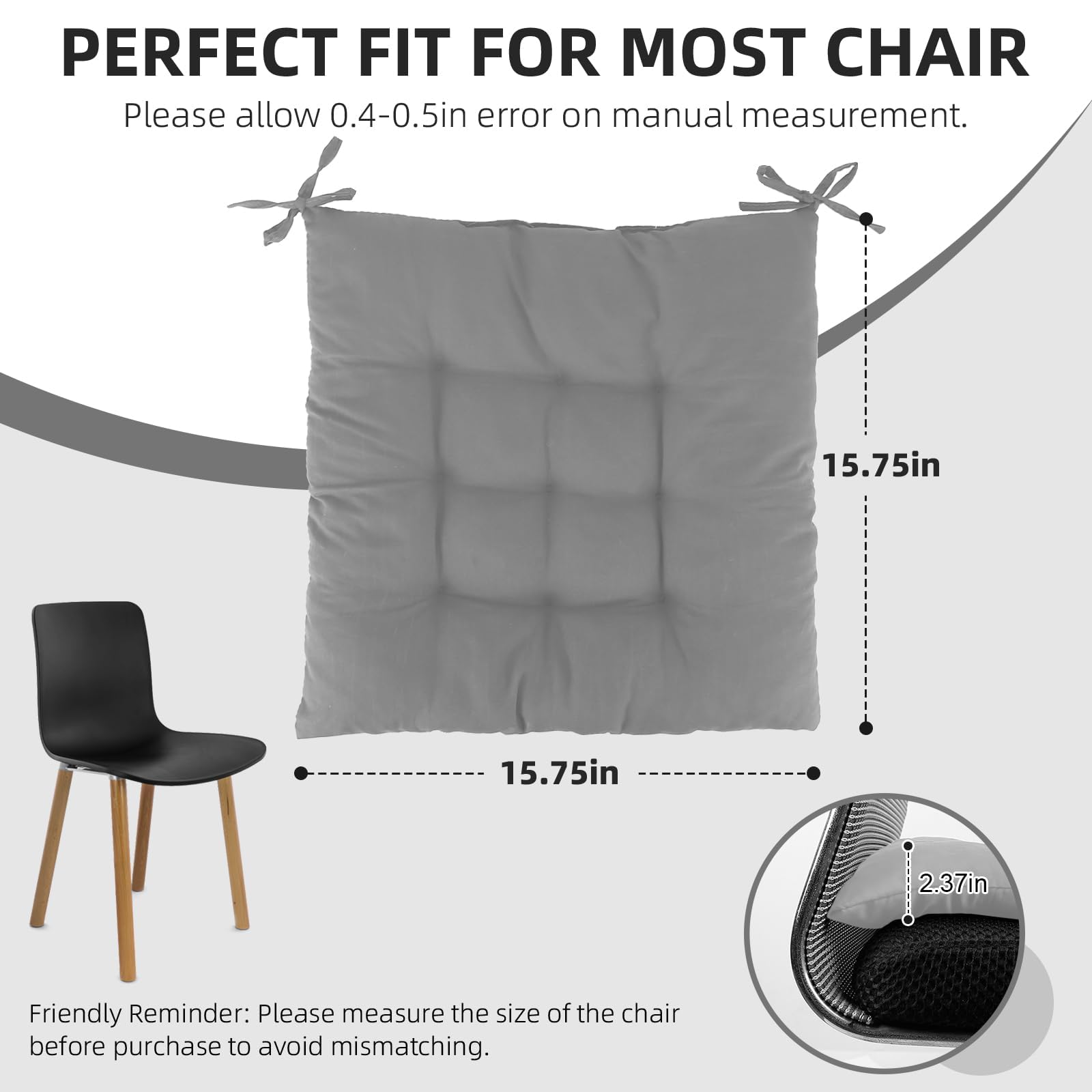 TeqHome 4 Pcs Chair Cushion, Chair Pads, Seat Cushions Set of 4, Non Slip Memory FoamTufted Square Seat Cushion with Ties, Chair Cushions for Dining Kitchen Office Chairs Grey