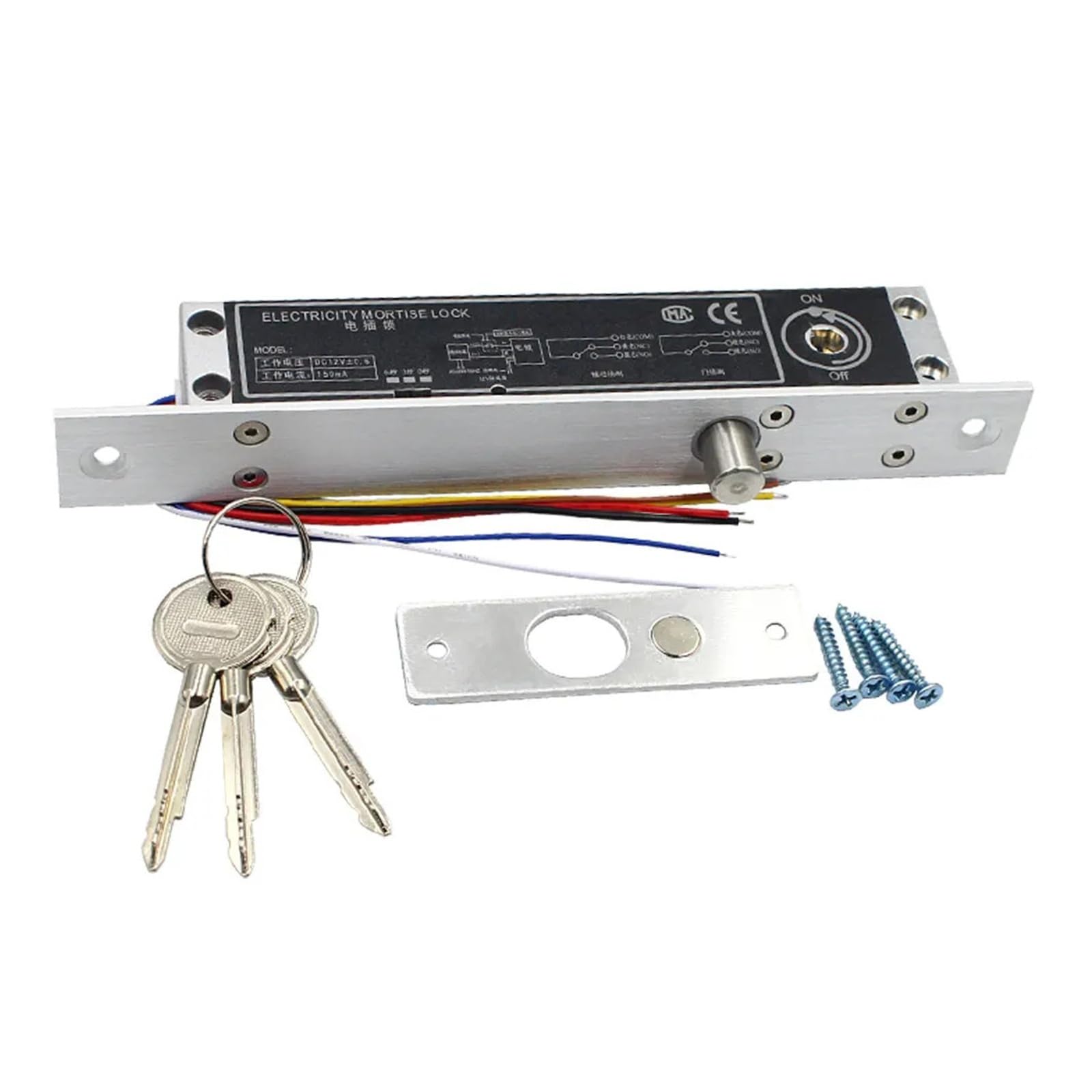 DC 12 V ausfallsicheres Elektrozylinder-Bolzenschloss mit Kegelriegel, mechanischer Schlüssel, einstellbares Zeitrelais, Türkontakt, 6 Kabel