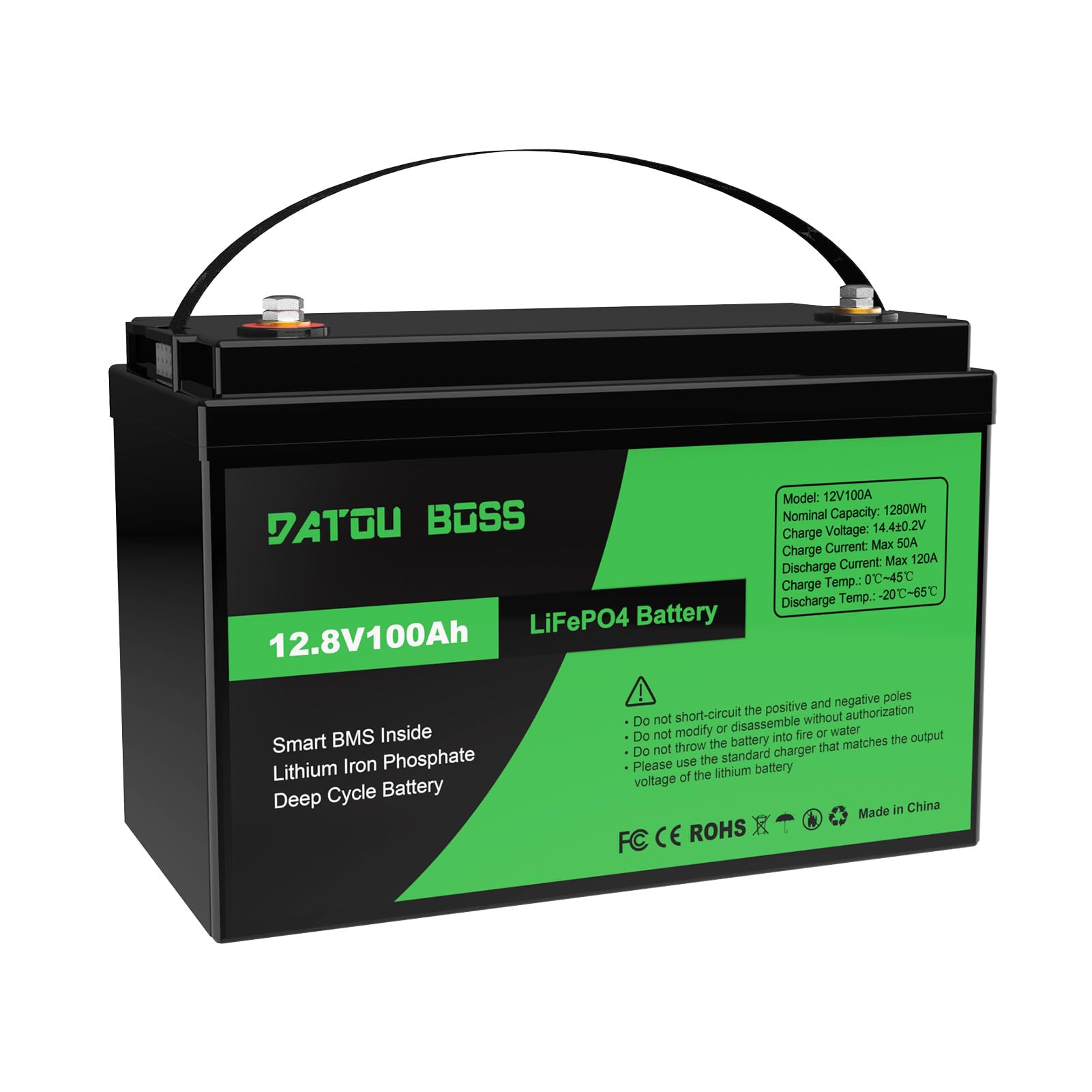 DATOUBOSS LiFePO4 Batteria Litio 12v 100Ah con 100A Protezione BMS, Fino a 15000 Cicli e 10 Anni Di Durata, per Camper, Barca, Kit di Pannelli Solari, Campeggio, Casa