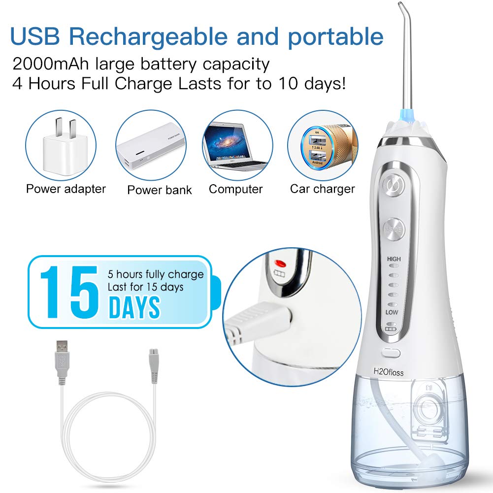 Irrigador Bucal Portátil Profesional - Multifuncional 300ml Irrigador Dental, 5 Modos 6 Boquillas, Tanque de Agua Extraíble, IPX7 Impermeable para Limpieza Dental, Ideal para Viaje(Blanco)