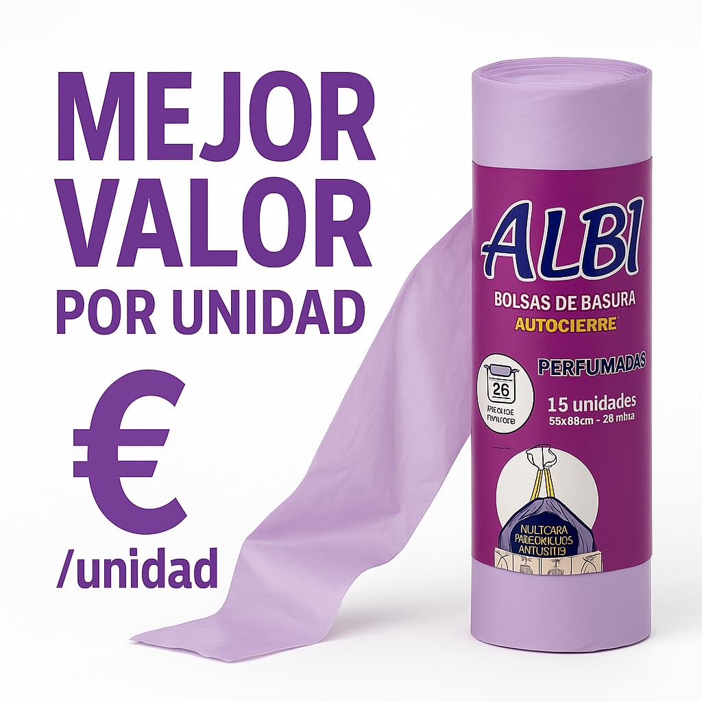 40 rollos de bolsas de basura perfumadas 25L (55x60 cm) | 15 uds por rollo | Autocierre fácil, multicapa y antigoteo para hogar