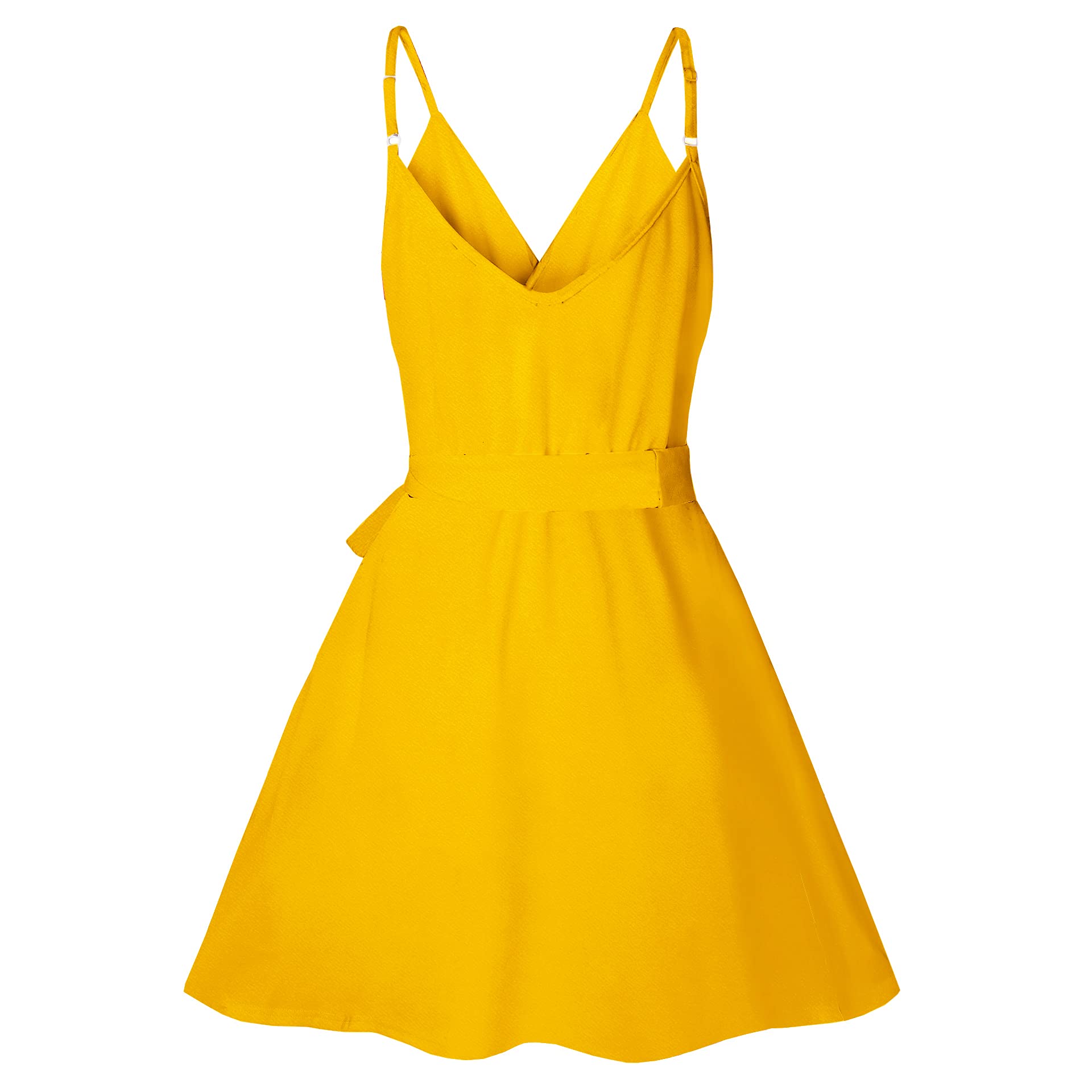 CASURESS Women Dress Summer V Neck Mini Floral Print Swing Dress Sleeveless Spaghetti Strap Skater Dresses with Belt: X-Large Yellow