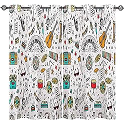 ANHOPE Cortinas musicales con ojales 80% opacas para oscurecer la habitación, con patrón retro dibujado a mano, patrón de impresión musical de garabatos, cortinas de ventana para dormitorio, sala de