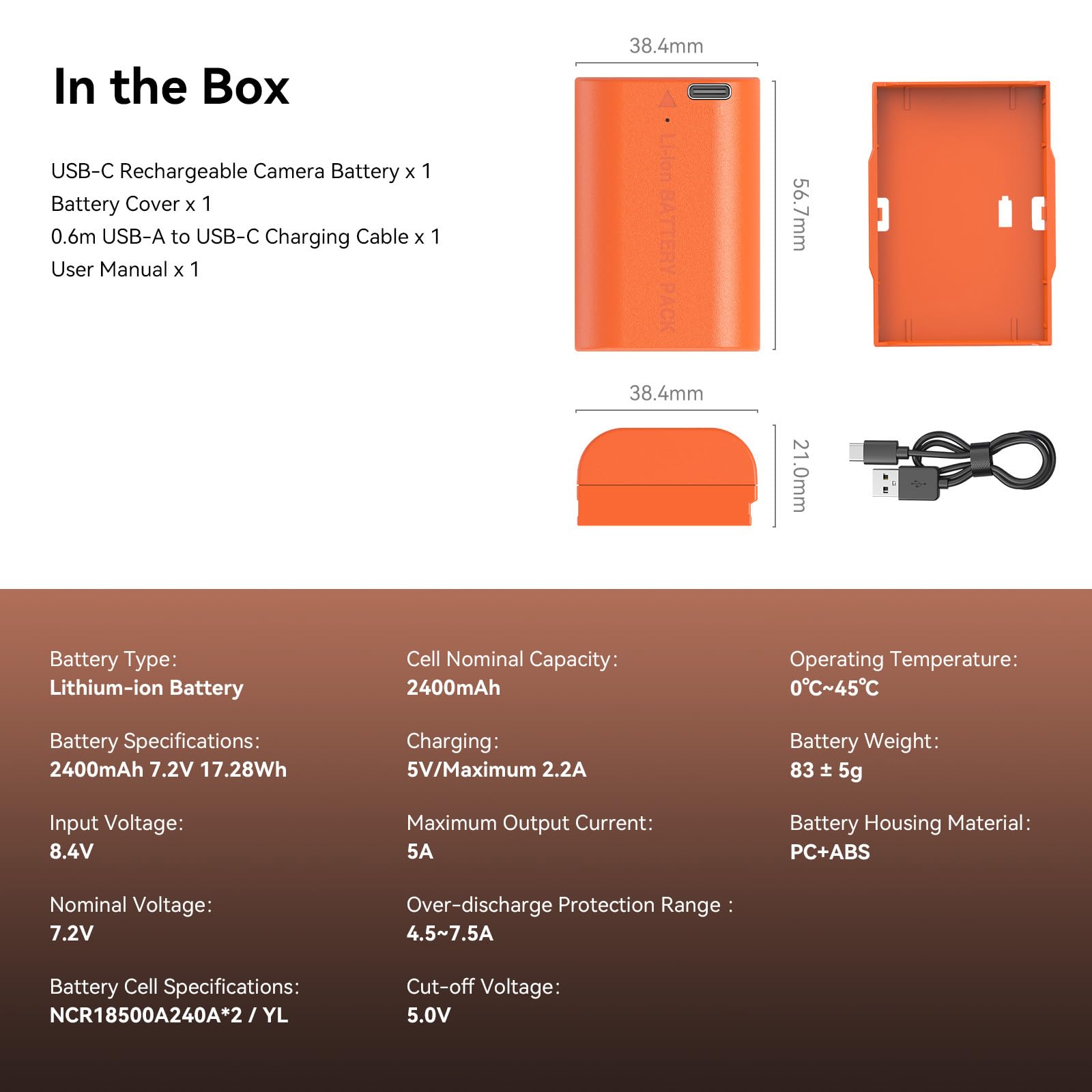 SMALLRIG Batteria 2400mAh per Canon LP-E6NH R6II/R5/R6/R7, Batteria per Fotocamera Ricaricabile con USB-C 2.5H Ricarica Rapida per Canon R, R5C, 5DIII/IV, 6D, 6DII, 7D, 60Da, 70D, 80D, Arancia - 4968
