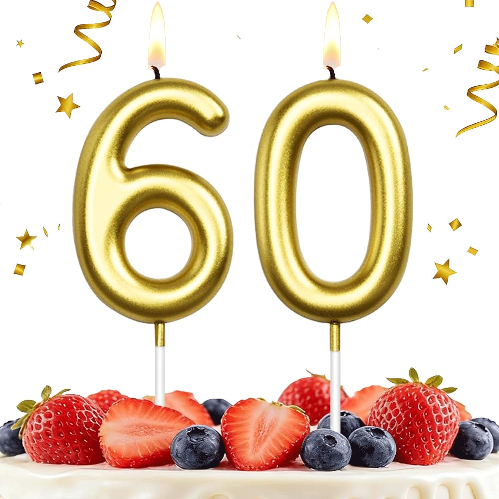Hlwgfjdy Gold 60Th Birthday Candles Number 60 Cake Topper Happy Birthday Cake Decorations For 60Th Birthday Party, Candles For Birthday Anniversary Celebration Party Supplies（Large Size）