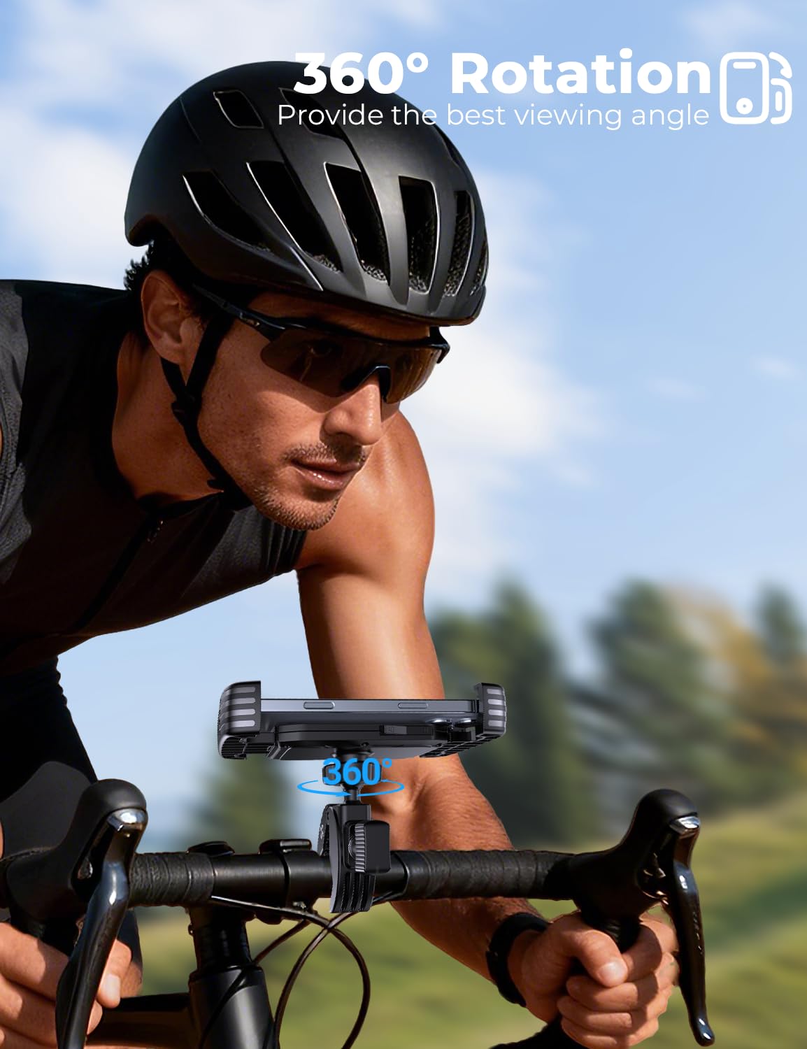 Supporto per telefono da moto per manubrio, con serratura a una mano, design anti-vibrazione, supporto per telefono regolabile a 360°, adatto per smartphone da 4,7 a 7,2 pollici (nero)