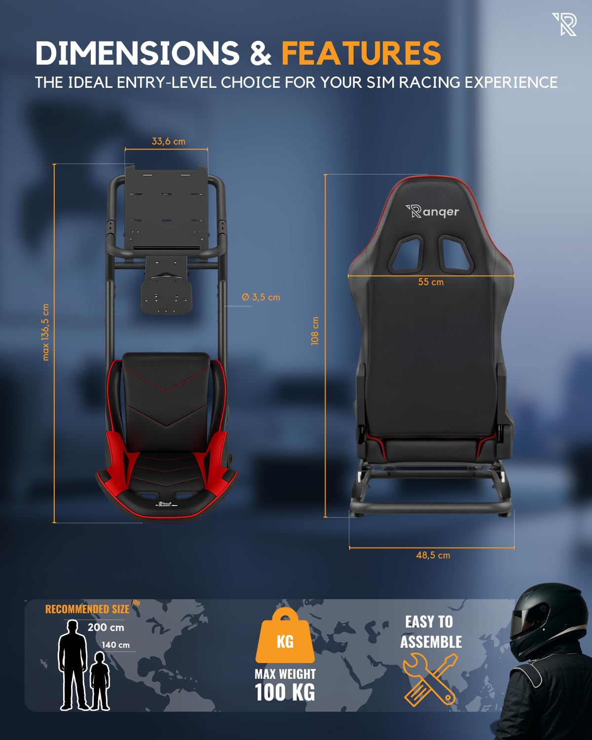 Ranqer Racing Simulator Cockpit - Racing chair with steel frame - Racing Cockpit/Racing Simulator Rhair - Adjustable Backrest for Beginners and Professionals - Metal frame - Simracing cockpit