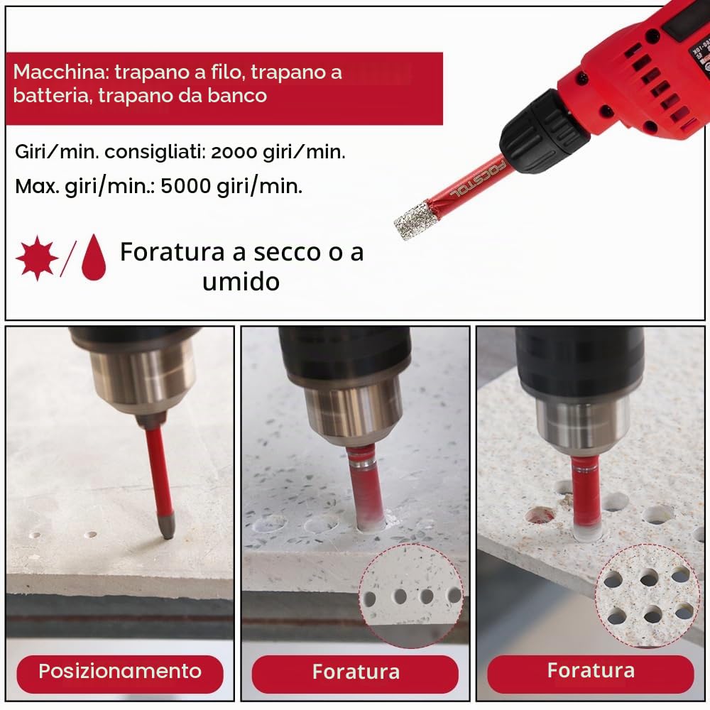 FOCSTOL Set Punte Trapano Diamantate - 4 pezzi 6/6/8/10mm Sega a Tazza Diamantata+1 pezzo 6mm Trapano al Carburo con Gambo Triangolare per Gres Porcellanato Ceramica Granito Marmo