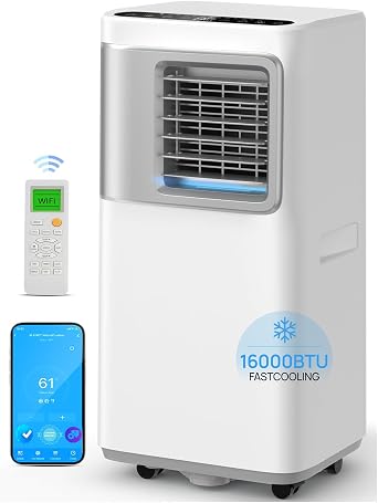 Portable Air Conditioners 16000 BTU for Large Rooms up to 750 Sq.Ft, 5 in 1 Smart AC Unit with WiFi App & Remote, Drainage-Free Dehumidifier, Sleep Mode, Window Kit Included