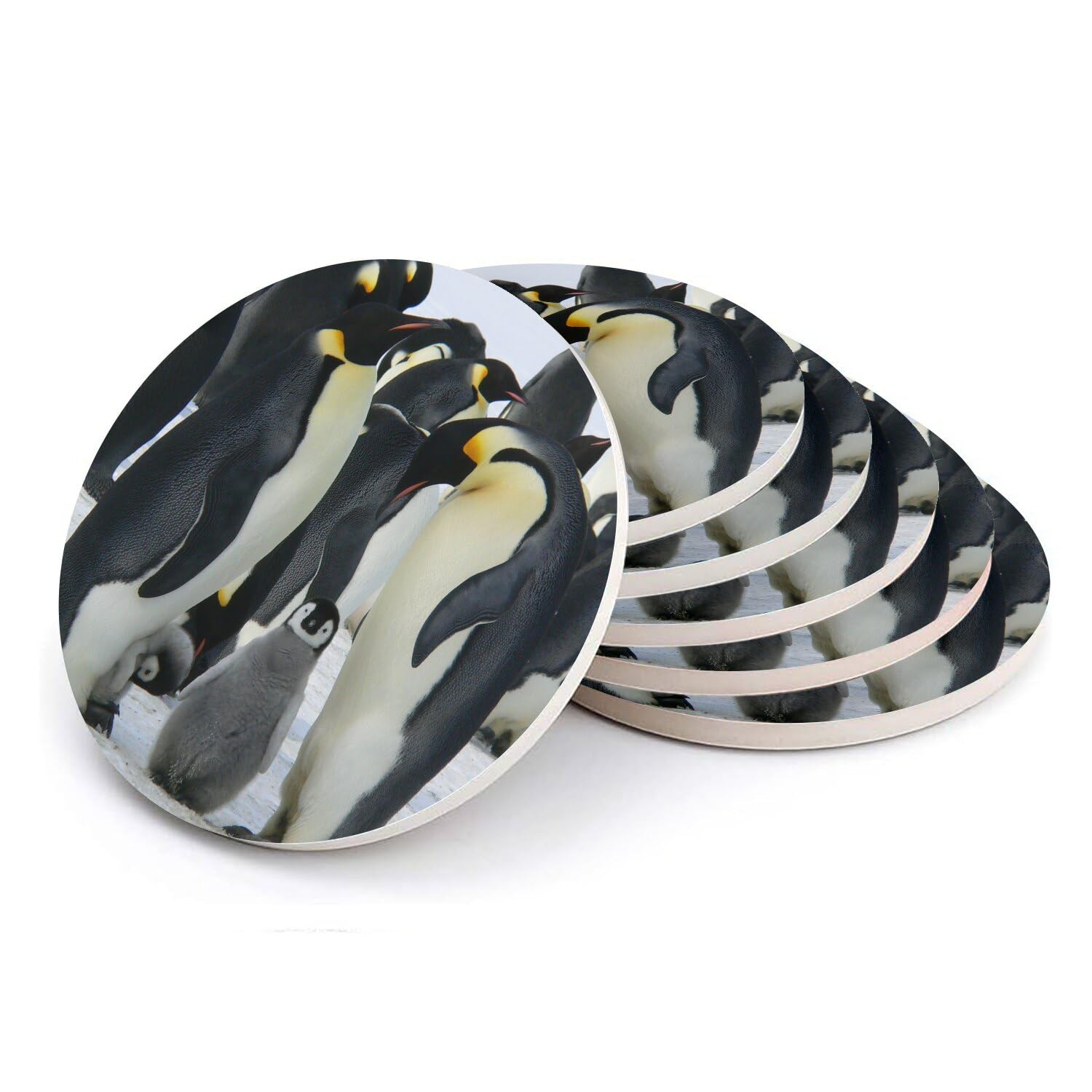 Sous verre ronds en céramique pingouins - Lot de 6 dessous de verre 108x108 mm pour table