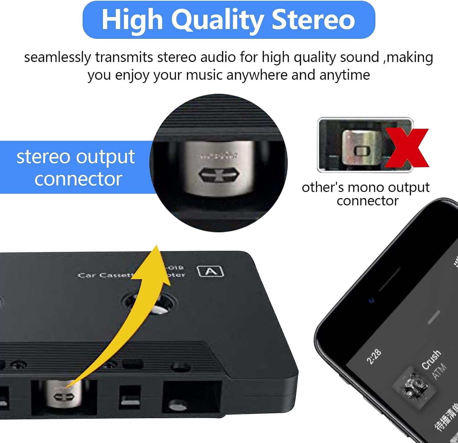 Adattatore Cassetta Autoradio BT 5.0, Aux Adaptador Cassetta Adattatore da Auto con Microfono per Chiamate Lettore di Cassette per MP3 CD Convertitore Radio