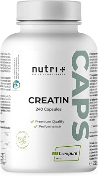 Nutri + Creatine Creapure capsules with 850 mg creatine monohydrate powder - 100% purely vegan + high dose - 240 high quality creatine caps from Germany