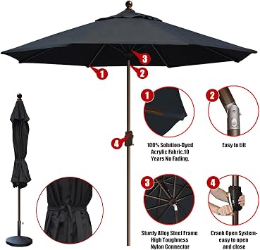EliteShade USA 10-Year-Non-Fading 10Ft Market Patio Umbrella, UPF 50+ UV Protection Performance Sun Umbrella, Heavy Duty Commercial Grade Outdoor Table Umbrella with Crank & Tilt, Windproof Vented Top for Garden, Pool, Deck and Outdoor Playsets, Black
