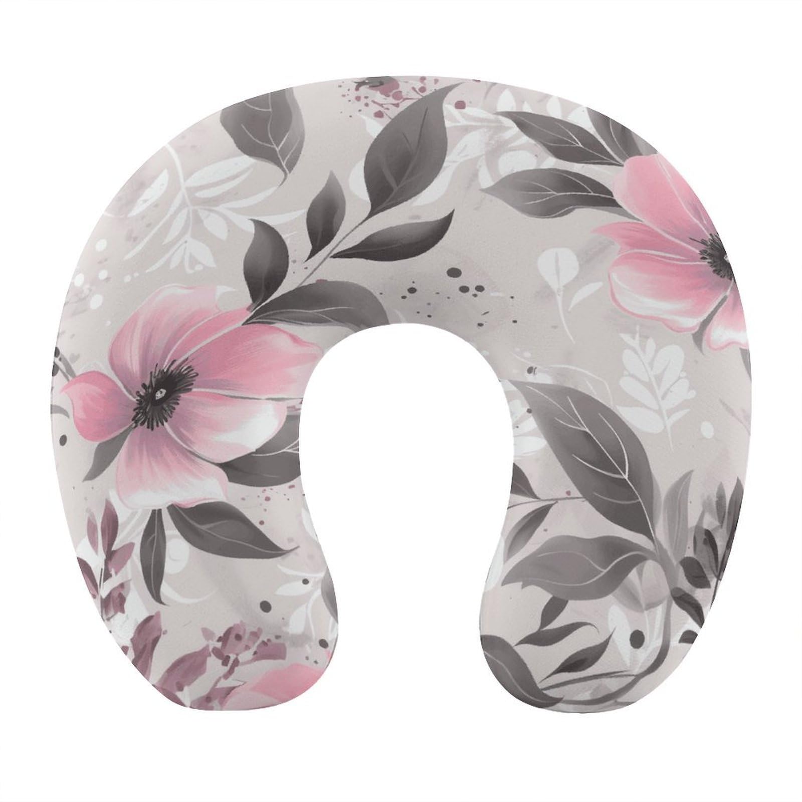 VstaDank Pink Flowers and Leaves on Gray Neck Pillow Soft Comfortable Travel U Shaped Pillows Portable Pillows for Shoulder Memory Foam Head Support Pillow for Airplane Car Home Office