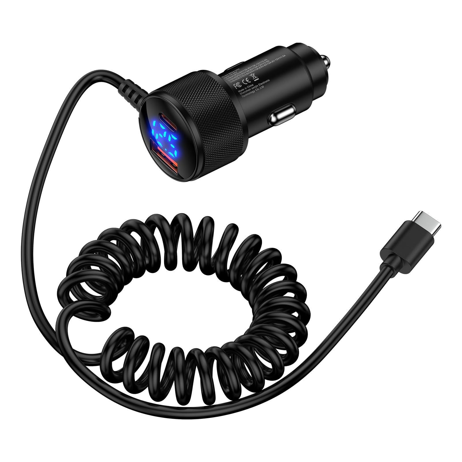 カーチャージャー タイプC 78W 3台同時充電 1.2M 30W 伸縮コイルケーブル Type-C LED電圧表示/PD&QC3.0対応/USB-A&USB-C/12V-24V Hootek 車 充電器 シガーソケット 急速充電器 Type-C しがーソケット USB Cタイプ iPhone 17シリーズ、iPad(2025)、Galaxy S25、Android/IQOS対応(ブラック)