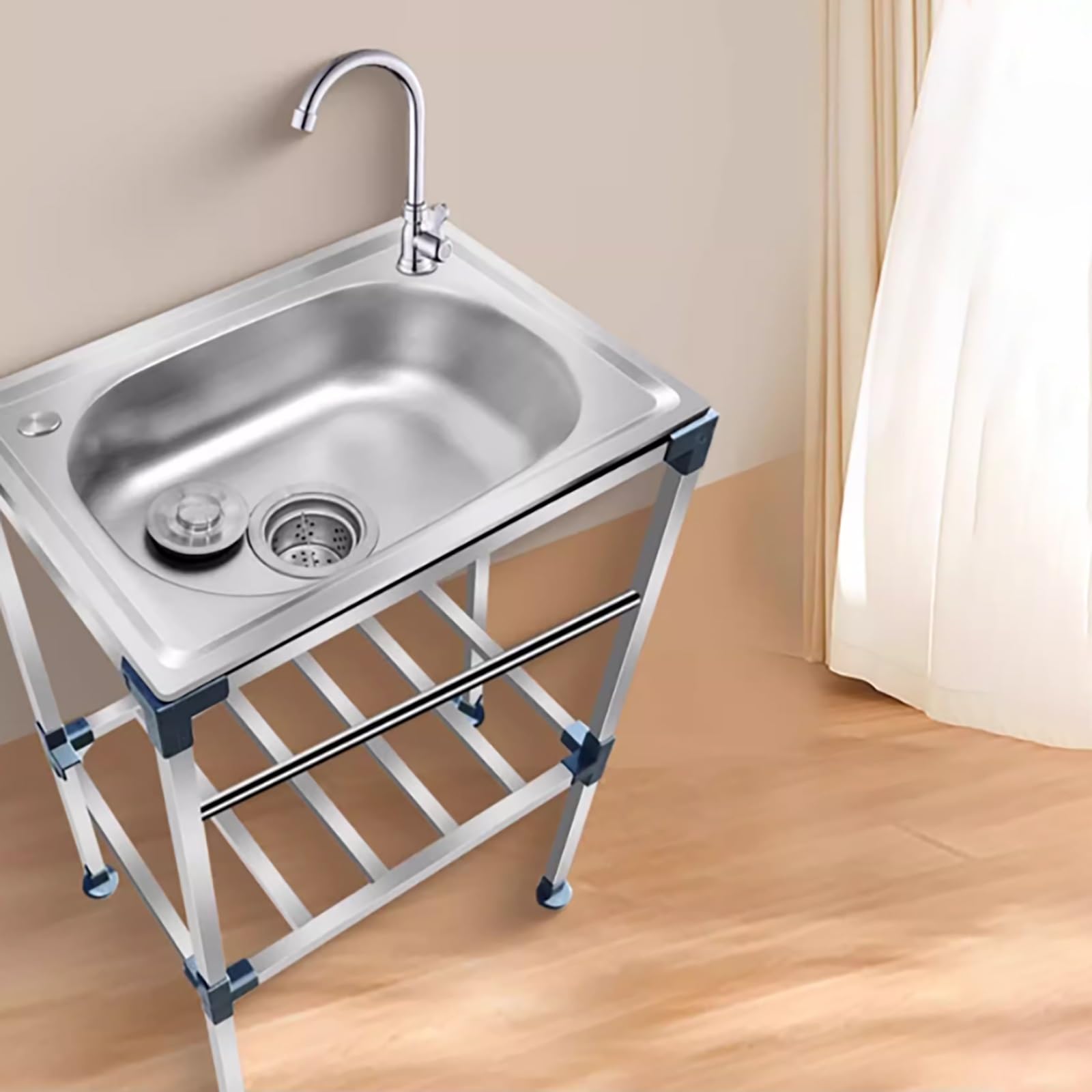 TAXXII FreeStanding Stainless Steel Utility Sink,with Faucet Hose Drain Strainer Legs,Free Standing Commercial Restaurant Kitchen Sink,Outdoor Sink With Workbench & Storage Shelve(48 * 35