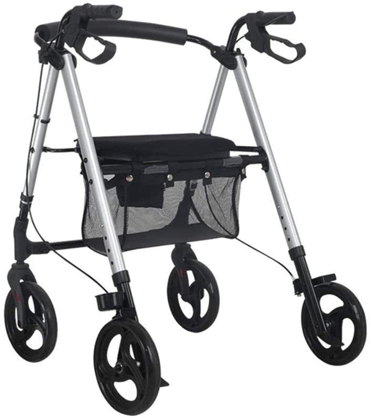 Rollator Walker 4-kołowy chodzik/Rollator z pętlowymi hamulcami ręcznymi Składany, lekki czterokołowy wózek z poduszką do siedzenia i koszem na zakupy, Chodzik dla osób starszych, Tęsknota za