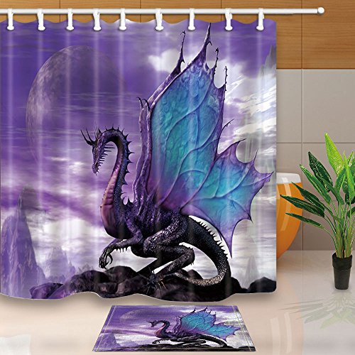 Nymb Medieval Fantasy Theme Purple Dragon 69X70In Polyester Fabric Shower Curtain Set 15.7X23.6In Flannel Non-Slip Floor Doormat Bath Rugs (Shower Curtain+Bath Rugs) #TOP1