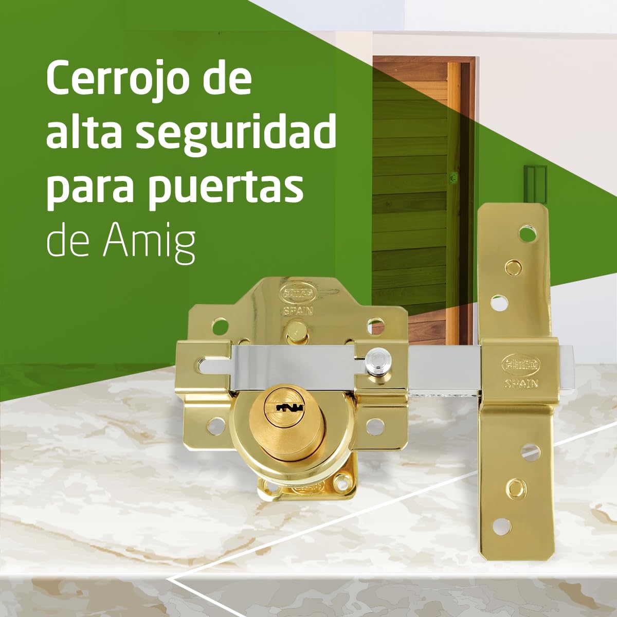 Amig - Cerradura de Sobreponer - 90 x 154 mm - Oro - Cilindro de seguridad de 50 mm y 6 pines - Pestillo de Apertura - Sistema Antibumping y Protección contra Ganzúas