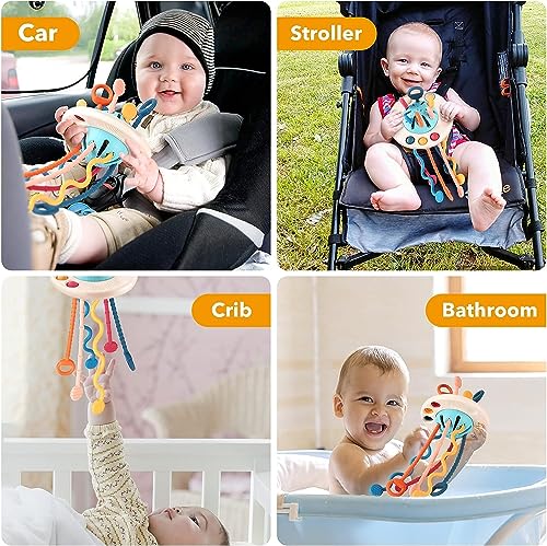 Image of Kidology Pull String Toy for Babies Teething Strings Sensory Montessori Toys Baby Girl,Travel Toy for 6+Months Boy Food Grade Silicone Fine Motor Skills Toy for Toddlers (UFO), Multicolor